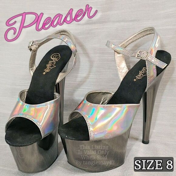 Pleaser Holographic Platform Ankle Strap Ultra High Adore Silver Heels Womens 8 - Picture 1 of 12